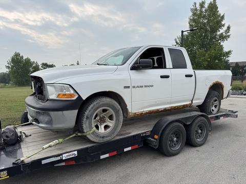 Old Pickup Truck Loaded on Trailer for Scrap Metal Recycling